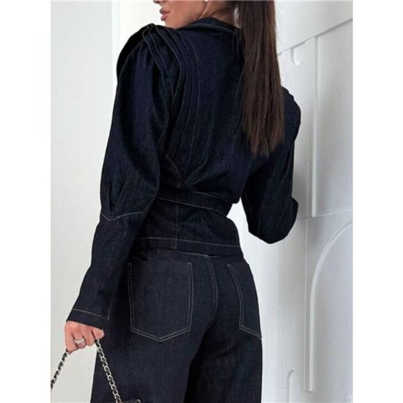 One Button Cropped Denim Jacket with Belted - Picture 5 of 5